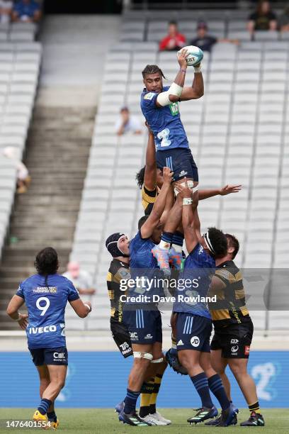 Hoskins Sotutu of the Blues wins a lineout ball during the round five Super Rugby Pacific match between Blues and Western Force at Eden Park, on...