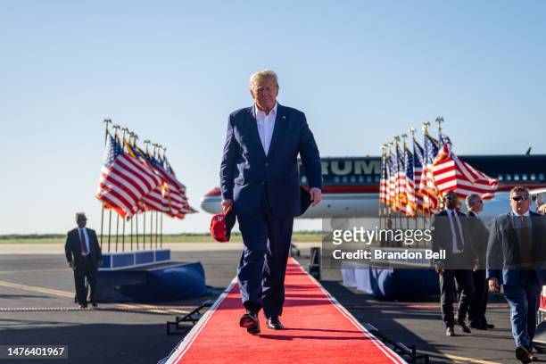 Former U.S. President Donald Trump arrives during a rally at the Waco Regional Airport on March 25, 2023 in Waco, Texas. Former U.S. President Donald...