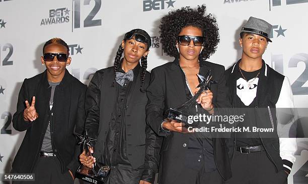 Recording artists Prodigy, Princeton, Roc Royal and Ray Ray of Mindless Behavior celebrate during the BET Awards '12 at The Shrine Auditorium on July...