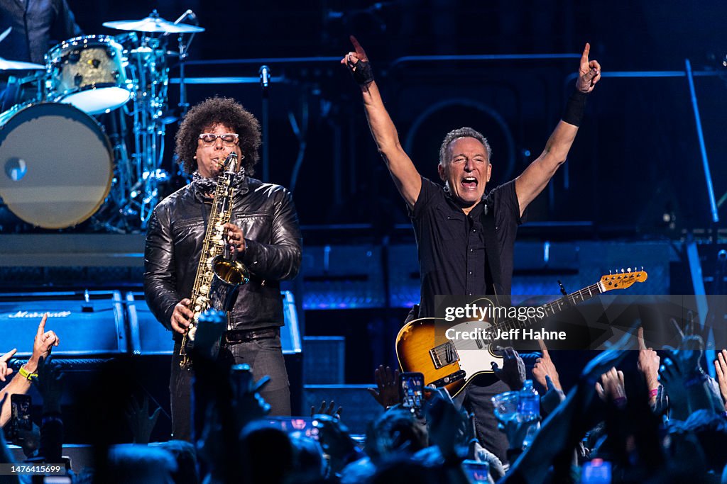 Bruce Springsteen Performance Saxophonist Jake Clemons and Bruce Springsteen perform during the ...