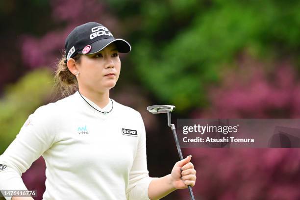 Hikaru Yoshimoto of Japan reacts on the 16th green during the final round of AXA Ladies Golf Tournament in Miyazaki at UMK County Club on March 26,...