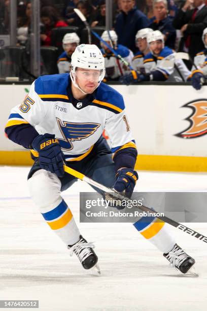 Jakub Vrana of the St. Louis Blues skates on the ice during the second period against the Anaheim Ducks at Honda Center on March 25, 2023 in Anaheim,...