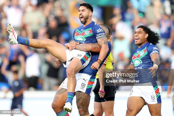 Shaun Johnson of the Warriors celebrates his try during the round four NRL match between New Zealand Warriors and Canterbury Bulldogs at Mt Smart...