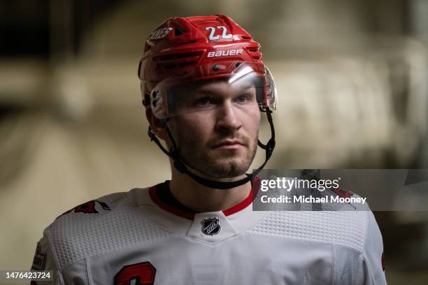 Brett Pesce of the Carolina Hurricanes walks to the ice prior to the second period in a game against the New York Rangers at Madison Square Garden on...