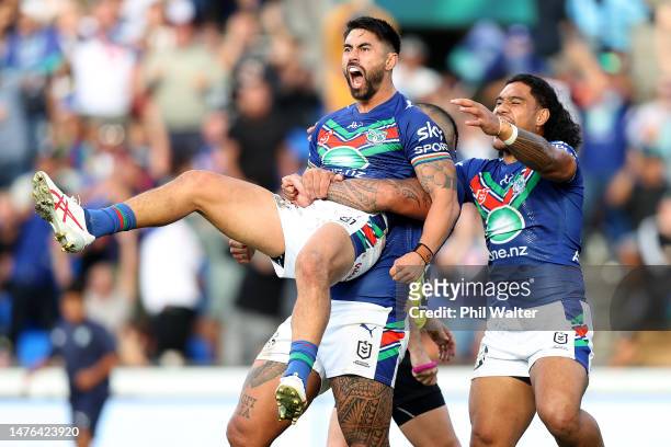 Shaun Johnson of the Warriors celebrates his try during the round four NRL match between New Zealand Warriors and Canterbury Bulldogs at Mt Smart...