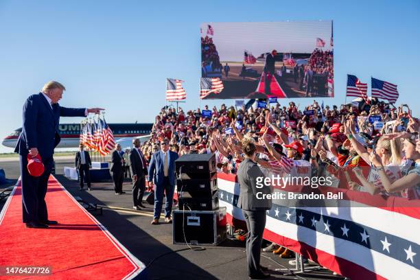 Former U.S. President Donald Trump arrives during a rally at the Waco Regional Airport on March 25, 2023 in Waco, Texas. Former U.S. President Donald...