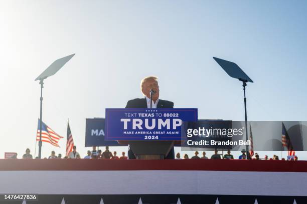 Former U.S. President Donald Trump speaks during a rally at the Waco Regional Airport on March 25, 2023 in Waco, Texas. Former U.S. President Donald...