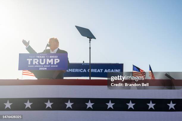 Former U.S. President Donald Trump speaks during a rally at the Waco Regional Airport on March 25, 2023 in Waco, Texas. Former U.S. President Donald...