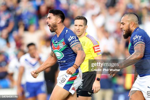 Shaun Johnson of the Warriors celebrates his try during the round four NRL match between New Zealand Warriors and Canterbury Bulldogs at Mt Smart...