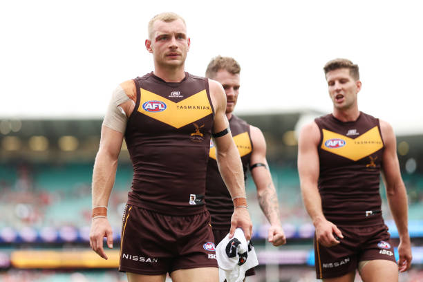 James Worpel of the Hawks looks dejected as he walks from the field after defeatduring the round two AFL match between Sydney Swans and Hawthorn...