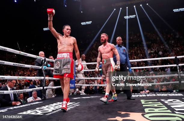 David Benavidez walks away from Caleb Plant after a 12-round WBC super middleweight fight at MGM Grand Garden Arena on March 25, 2023 in Las Vegas,...