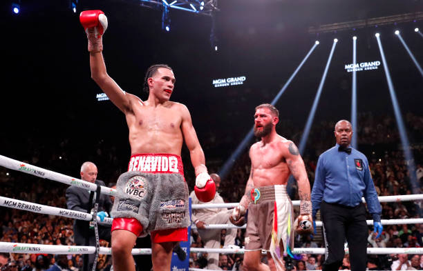 David Benavidez walks away from Caleb Plant after a 12-round WBC super middleweight fight at MGM Grand Garden Arena on March 25, 2023 in Las Vegas,...