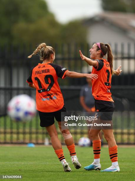 Shea Connors of the Roar celebrates scoring a goal during the round 19 A-League Women's match between Melbourne Victory and Brisbane Roar at C.B....