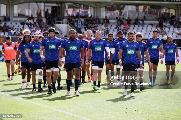 The Blues leave the field after the warm up session before the round five Super Rugby Pacific match between Blues and Western Force at Eden Park, on...