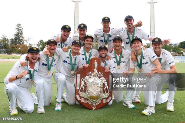 Western Australia pose after winning the Sheffield Shield Final match between Western Australia and Victoria at the WACA, on March 26 in Perth,...