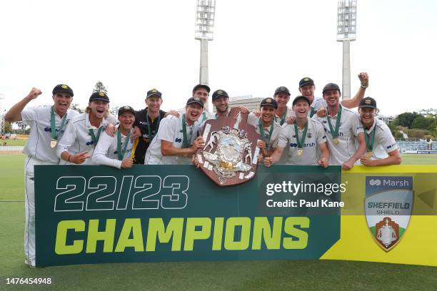 Western Australia celebrate after winning the Sheffield Shield Final match between Western Australia and Victoria at the WACA, on March 26 in Perth,...