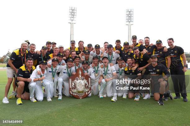 Western Australia celebrate after winning the Sheffield Shield Final match between Western Australia and Victoria at the WACA, on March 26 in Perth,...