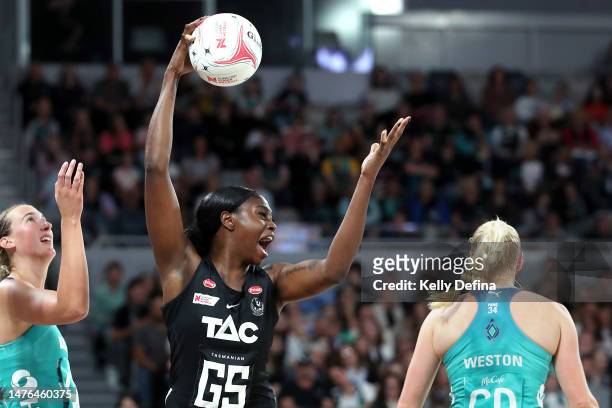 Shimona Nelson of the Magpies reacts while catching the ball during the round two Super Netball match between Collingwood Magpies and Melbourne...