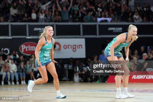 Kate Moloney of the Vixens and Jo Weston of the Vixens celebrate victory on the final siren during the round two Super Netball match between...