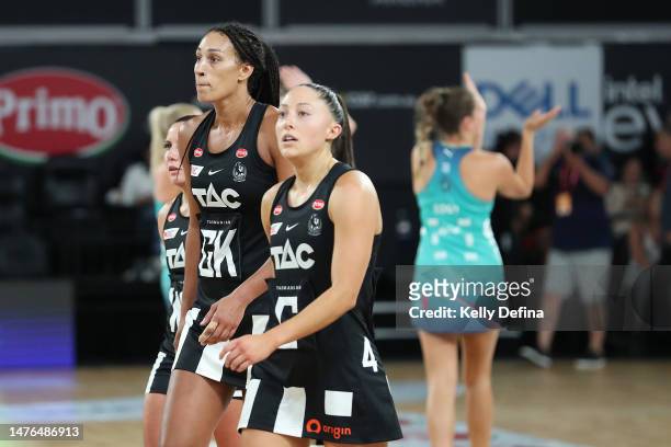 Magpies look on after the narrow loss during the round two Super Netball match between Collingwood Magpies and Melbourne Vixens at John Cain Arena,...
