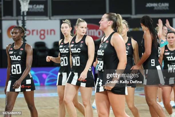 Magpies look on after the narrow loss during the round two Super Netball match between Collingwood Magpies and Melbourne Vixens at John Cain Arena,...