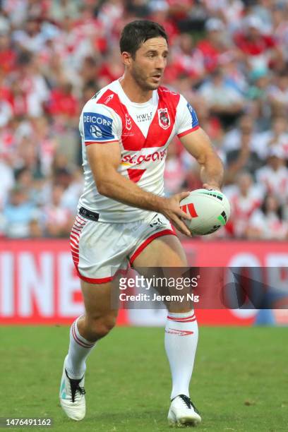 Ben Hunt of the Dragons looks to pass during the round four NRL match between St George Illawarra Dragons and Cronulla Sharks at Netstrata Jubilee...