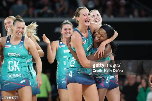 Emily Mannix of the Vixens and Mwai Kumwenda of the Vixens celebrate during the round two Super Netball match between Collingwood Magpies and...