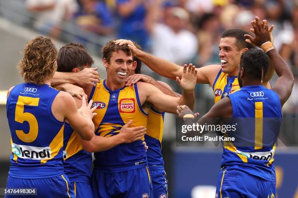 Jamie Cripps of the Eagles celebrates a goal during the round two AFL match between West Coast Eagles and Greater Western Sydney Giants at Optus...