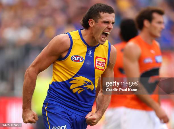 Jake Waterman of the Eagles celebrates a goal during the round two AFL match between West Coast Eagles and Greater Western Sydney Giants at Optus...