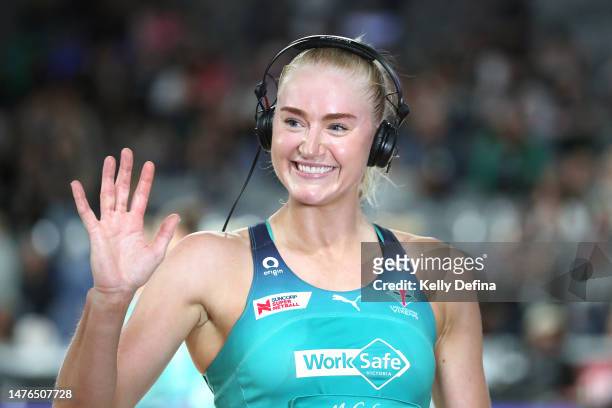 Jo Weston of the Vixens is interviewed during the round two Super Netball match between Collingwood Magpies and Melbourne Vixens at John Cain Arena,...