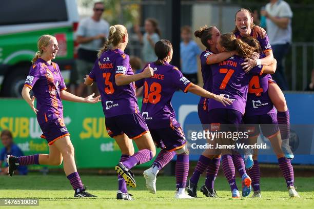 Hannah Blake of the Glory celebrates her goal during the round 19 A-League Women's match between Perth Glory and Melbourne City at Macedonia Park, on...