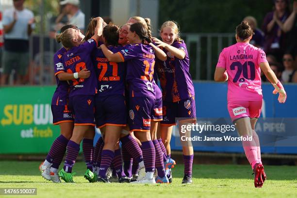 Hannah Blake of the Glory celebrates her goal during the round 19 A-League Women's match between Perth Glory and Melbourne City at Macedonia Park, on...