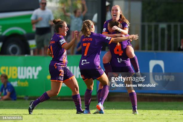 Hannah Blake of the Glory celebrates her goal during the round 19 A-League Women's match between Perth Glory and Melbourne City at Macedonia Park, on...