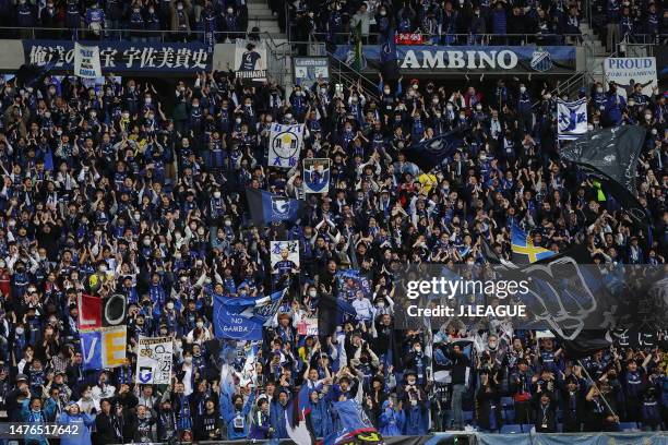 Gamba Osaka supporters cheer prior to during the J.LEAGUE YBC Levain Cup 2nd Sec. Group E match between Gamba Osaka and Cerezo Osaka at Panasonic...