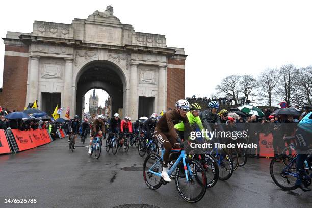 Valentin Retailleau of France and AG2R Citroën Team and a general view of the peloton competing at the Menin Gate - Menenpoort prior to the 85th...