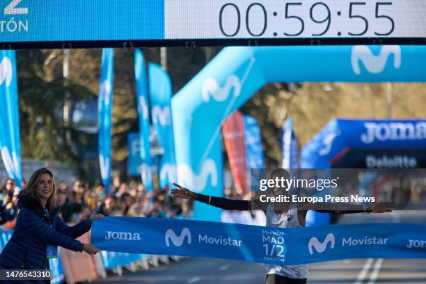 The runner Hillary Kipkoech arrives at the finish line of the Movistar Madrid Half Marathon with a time of 00.59.55 h, on 26 March, 2023 in Madrid,...