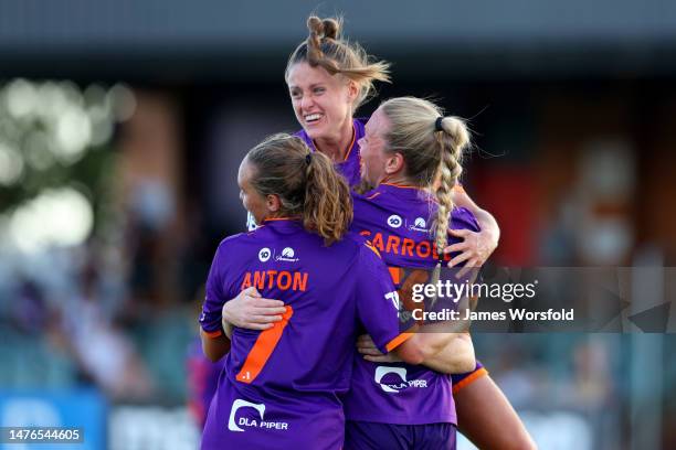 Natasha Rigby of the Glory celebrates the win during the round 19 A-League Women's match between Perth Glory and Melbourne City at Macedonia Park, on...