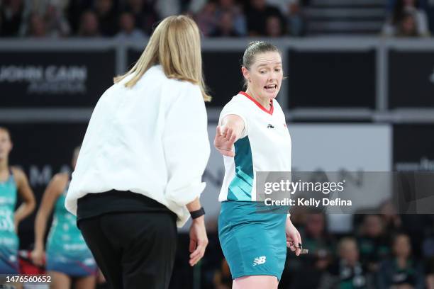 Nicole Richardson, Coach of the Magpies attempts to appeal a decision regarding the order of centre passes in the final minutes during the round two...