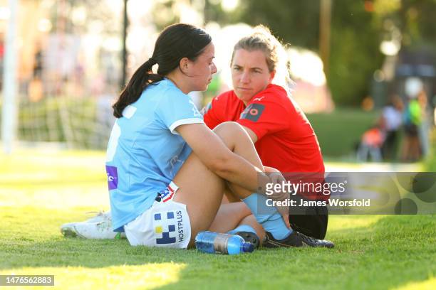 Darcey Malone of Melbourne City shares a moment with one of the staff after the loss during the round 19 A-League Women's match between Perth Glory...