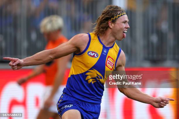 Jayden Hunt of the Eagles celebrates a goal during the round two AFL match between West Coast Eagles and Greater Western Sydney Giants at Optus...