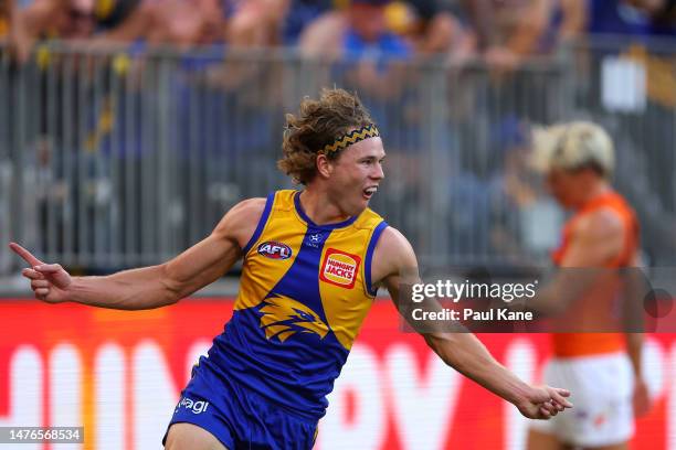 Jayden Hunt of the Eagles celebrates a goal during the round two AFL match between West Coast Eagles and Greater Western Sydney Giants at Optus...