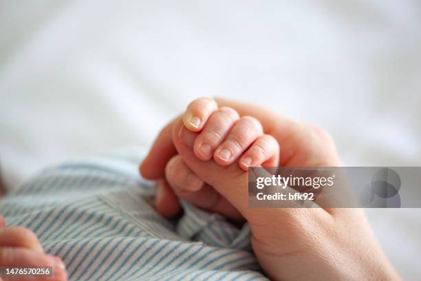 baby boy holding mothers hand - newborn hand stock pictures, royalty-free photos & images