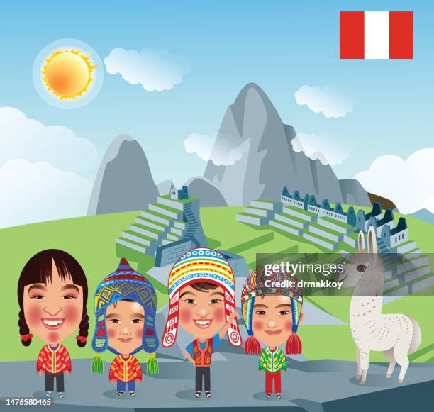 peruvian kids  in the
machu picchu - poncho stock illustrations