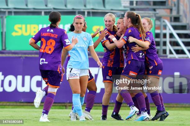 Natasha Rigby of the Glory celebrates a goal during the round 19 A-League Women's match between Perth Glory and Melbourne City at Macedonia Park, on...
