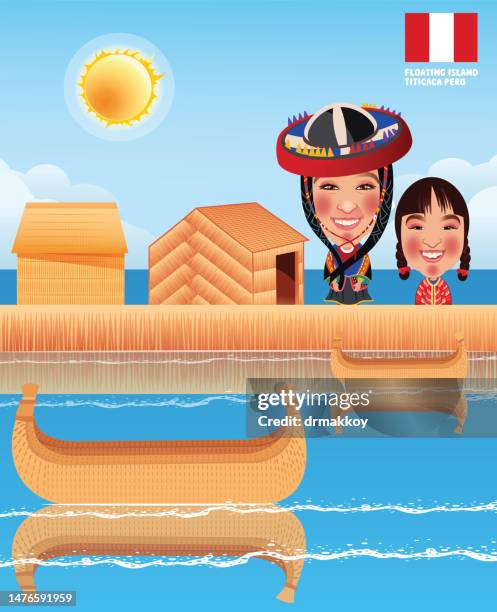 peruvian family in lake titicaca - puno region stock illustrations