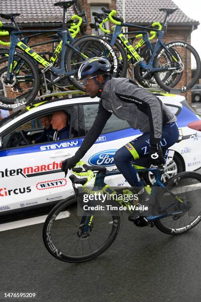 Biniam Girmay of Eritrea and Team Intermarché - Circus - Wanty assisted by the team car during the 85th Gent-Wevelgem in Flanders Fields 2023, Men's...