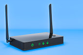 Wireless internet router on blue backdrop, 3D rendering