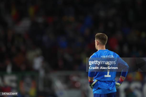 Marc-Andre ter Stegen of Germany looks on during an international friendly match between Germany and Peru at MEWA Arena on March 25, 2023 in Mainz,...