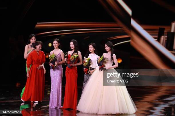 Actresses Kara Wai Ying-hung, Tong Liya, Yang Mi, Liu Shishi and Angelababy attend 2022 Weibo Awards Ceremony at Mercedes-Benz Arena on March 25,...