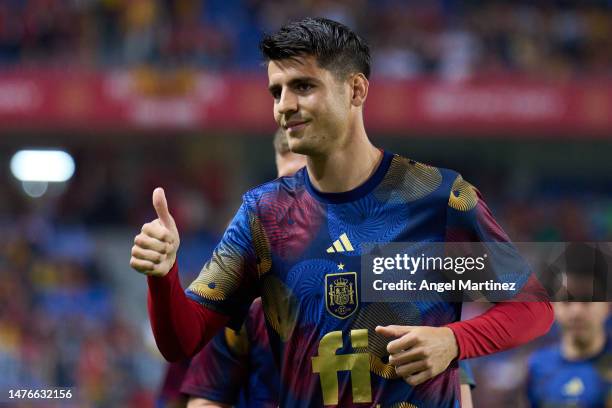 Alvaro Morata of Spain warms up prior to the UEFA EURO 2024 qualifying round group A match between Spain and Norway at La Rosaleda Stadium on March...